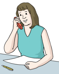 Wichtige Telefonnummern Eine Frau telefoniert und hat ein Blatt Papier und einen Stift vor sich auf dem Tisch (leichte Sprache)